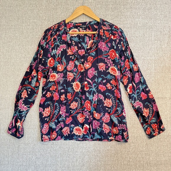 Lucky Brand Tops - Lucky Brand Floral Print Blouse Tassel V Neck Long Sleeve Top Sz S Boho Y2K 90s